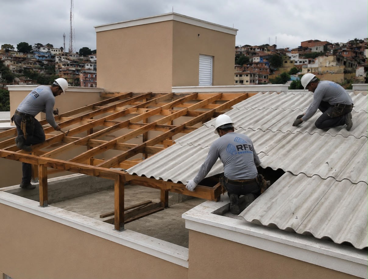 Equipe RFB Engenharia executando reforma de telhado